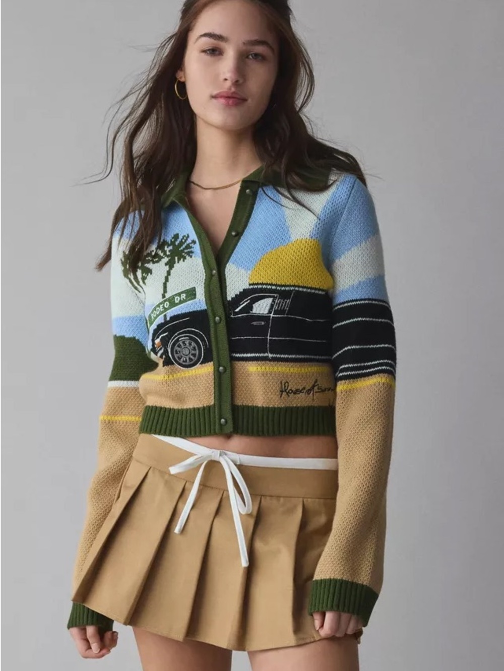 House of Sunny Scenic Graphic Cropped Cardigan - Blue, Green, Yellow, Tan, Black
